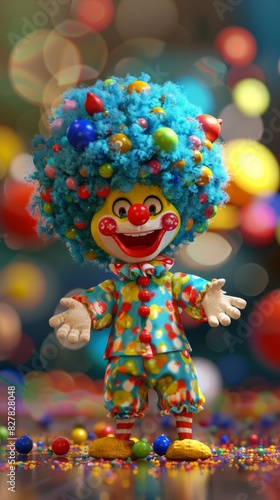 A cute little clown in a blue wig, in colorful clothes.