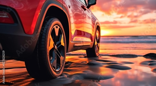  A red SUV was parked on the beach with a sunset background.  © YONG