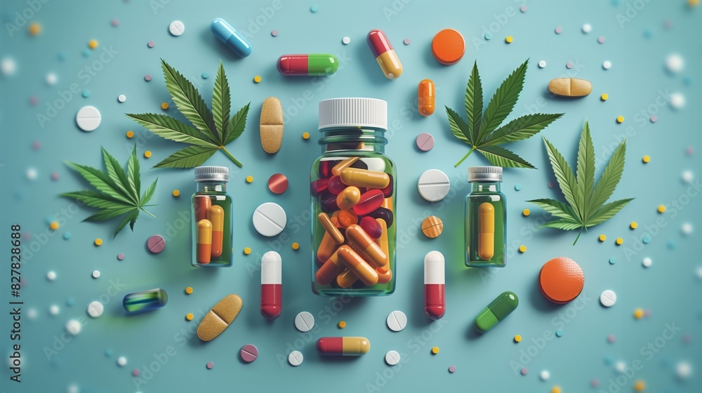 Bottle filled with pills and marijuana leaves Bottle filled with pills and marijuana leaves