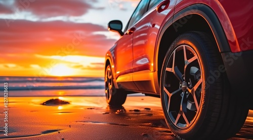  A red SUV was parked on the beach with a sunset background.  © YONG