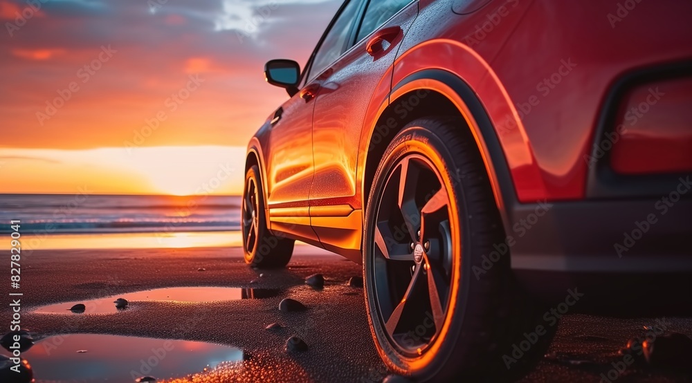 A red SUV was parked on the beach with a sunset background.
A red SUV was parked on the beach with a sunset background.