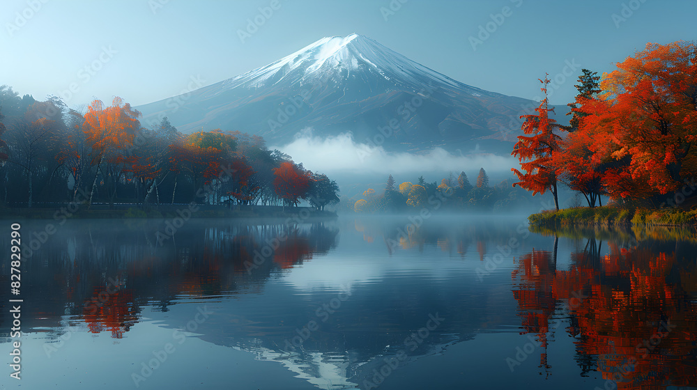 autumn in the mountains, At Lake Kawaguchiko you can enjoy autumn colors and see Mt Fuji with morning fog and red leaves
