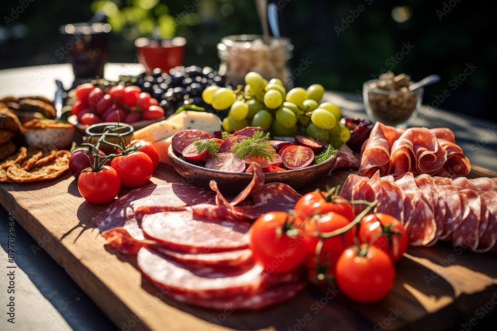 Gourmet Charcuterie Board with Fresh Meats, Cheeses, and Fruits. Generative AI Gourmet Charcuterie Board with Fresh Meats, Cheeses, and Fruits. Generative AI