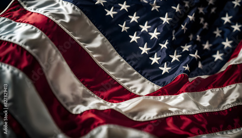 The waving flag of the United States of America with close up camera