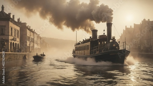 Historic steamship sailing through a misty river at dawn, surrounded by old European buildings and a small boat, evoking a sense of nostalgia and adventure. photo