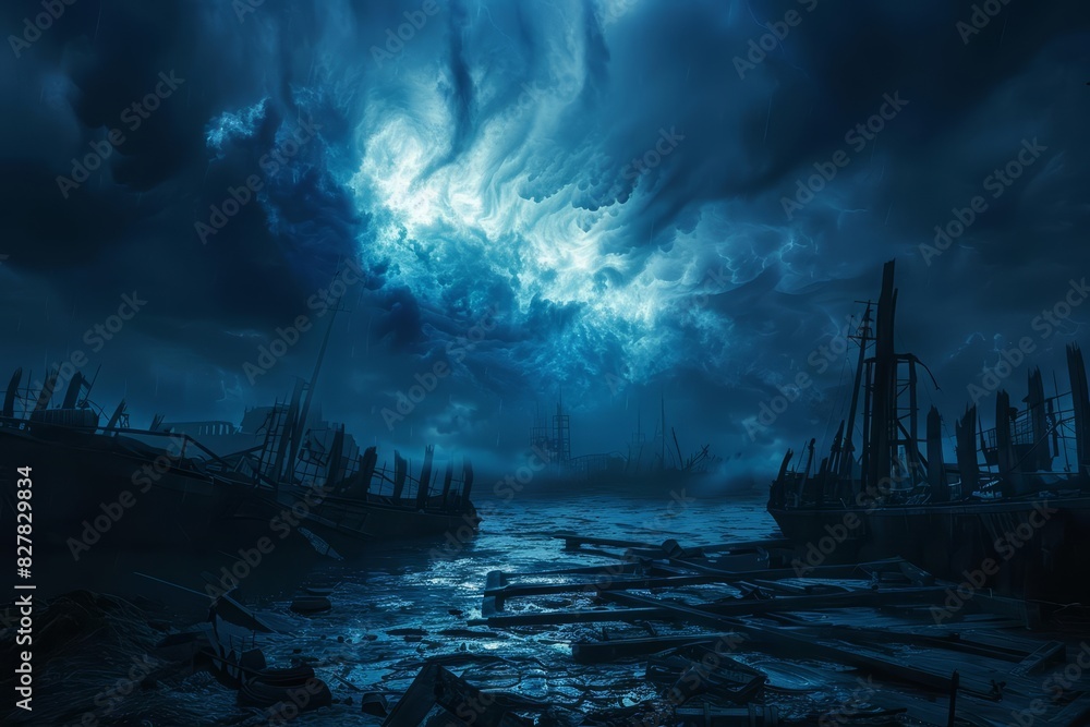 Fototapeta premium A celestial event causes mass extinctions, turning the sky a deep indigo, over a sunken harbor with blurry background, scifi photo, Sharpen banner