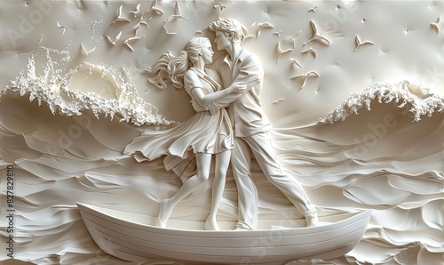 bas-relief, gypsum beautiful picture of a modern couple hugging, standing on a Boat photo