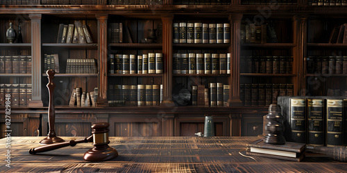 judge gavel and books on wooden table Legal scales and wooden Judge gavel. Law concept. Law. Judge s gavel on dark textured table against shelf with books indoors  space for text 