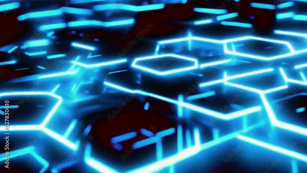 Hexagonal grid patterns that light up and pulse in neon blue, forming complex animations as they shift and move, 4K black background High-Quality Animation Video Hexagonal grid patterns that light up and pulse in neon blue, forming complex animations as they shift and move, 4K black background High-Quality Animation Video