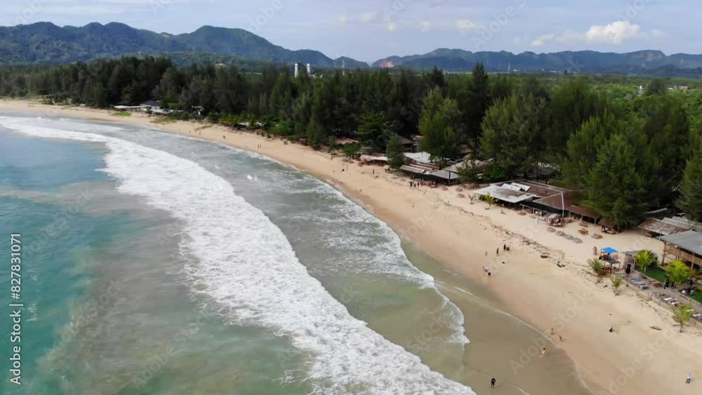 Aerial video of a circular beach with white sand and blue sea, Lampuuk Beach, Aceh Besar, Indonesia