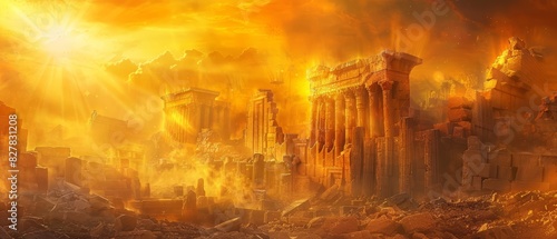 An ancient prophecy foretells the apocalypse, painting the horizon in golden hues, over a ruined temple with blurry background, scifi photo, Sharpen banner photo
