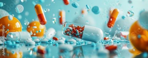 Pills from a bottle scattered on a table photo