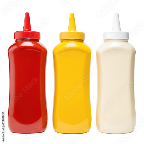 Obraz na płótnie Three classic condiment squeeze bottles filled with ketchup (red), mustard (yellow), and mayonnaise (white) against a white background. Ideal for food blogs, restaurant menus, cooking websites, or adv w salonie