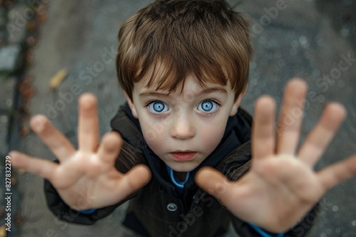 Stunning high resolution photos of a 7 year old boy with expressive huge eyes making a stop gesture with his hands