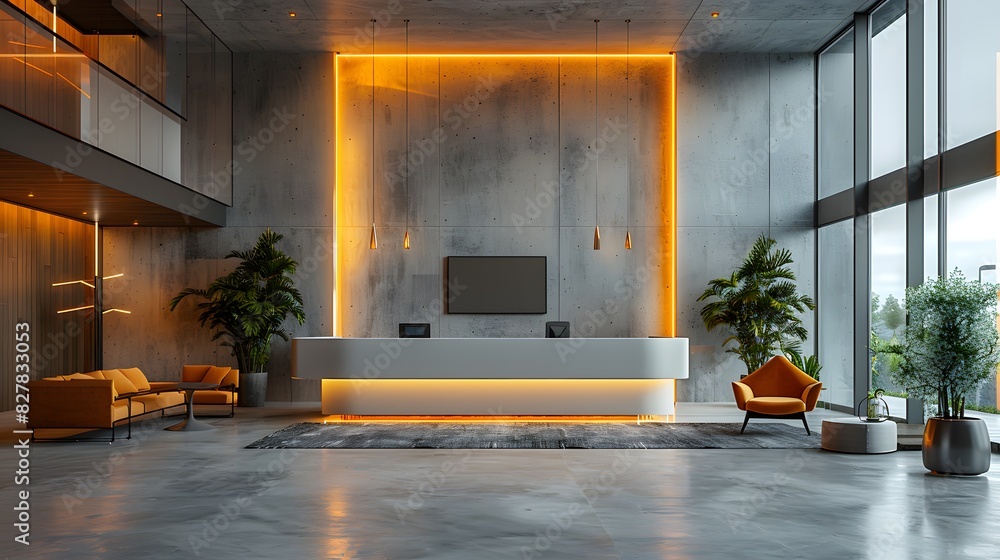 Luxurious and Inviting Reception Area with Curved Desk, Modern Decor, and Warm Lighting Enhancing the Space Luxurious and Inviting Reception Area with Curved Desk, Modern Decor, and Warm Lighting Enhancing the Space