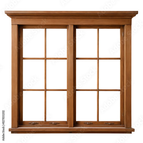  A classic wooden window frame with two sashes and multiple panes, ideal for showcasing home decor, architecture, or renovation projects