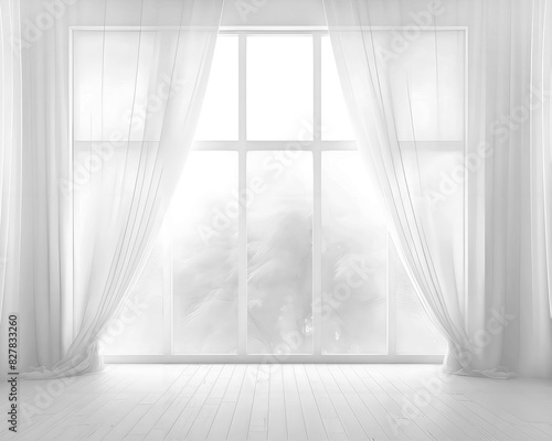 White window lit from behind with sheer curtains in an empty room. Interior background, white window