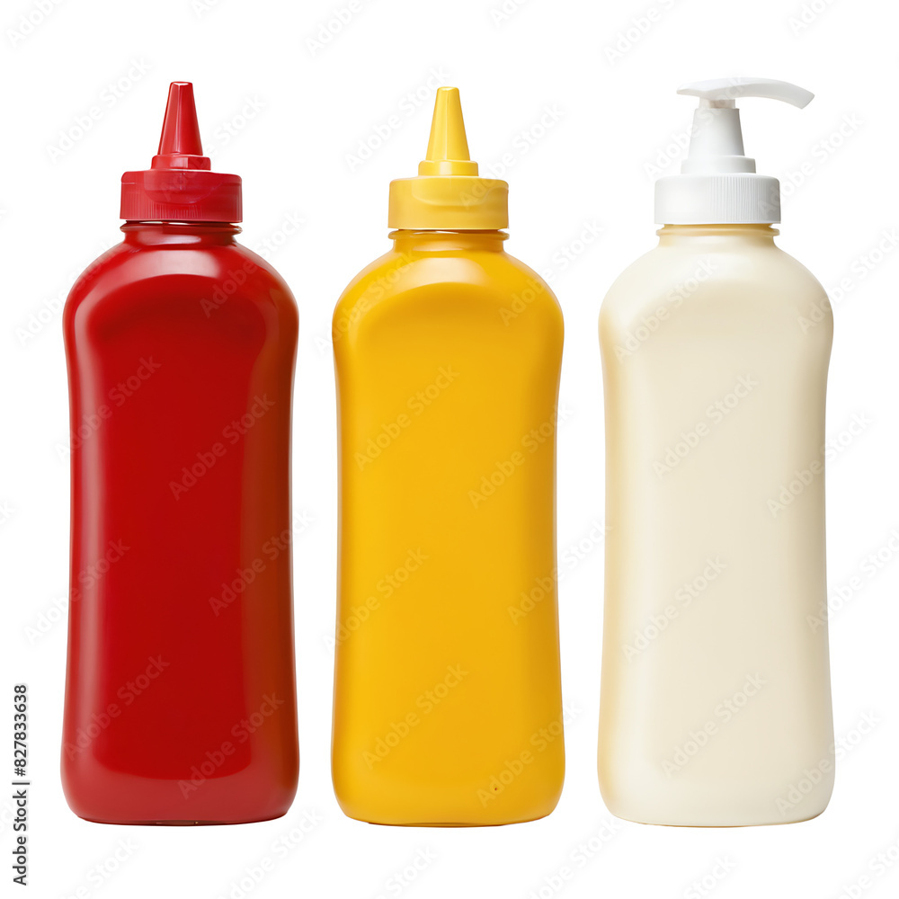 Three classic condiment squeeze bottles filled with ketchup (red), mustard (yellow), and mayonnaise (white) against a white background. Ideal for food blogs, restaurant menus, cooking websites, or adv Three classic condiment squeeze bottles filled with ketchup (red), mustard (yellow), and mayonnaise (white) against a white background. Ideal for food blogs, restaurant menus, cooking websites, or adv