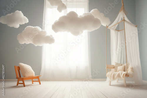 Bright spacious, modern children's room with light soft clouds under ceiling, cozy atmosphere, dream