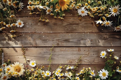 A whimsical floral background featuring a mix of daisies and sunflowers on a rustic wooden surface