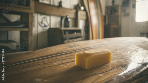 A bar of soap rests on a wooden surfboard made of hardwood, creating a contrast between the natural ingredients of the beach landscape and the manufactured wood material AIG50 photo