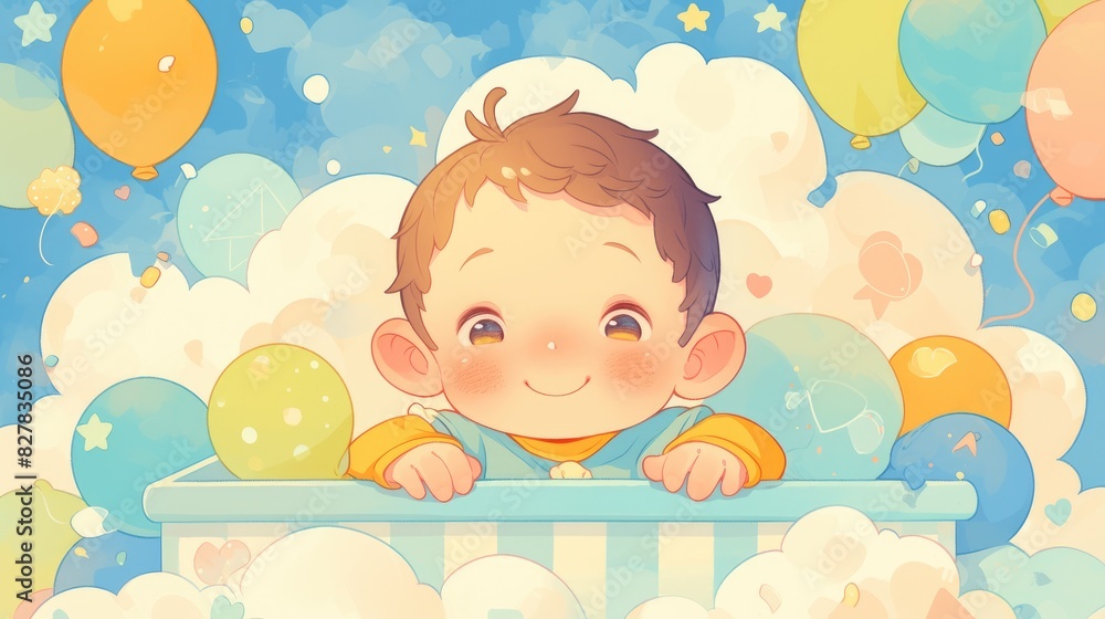 Design of a baby shower card featuring a charming little boy illustration in 2d format Design of a baby shower card featuring a charming little boy illustration in 2d format