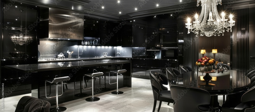 Contemporary black kitchen interior with minimalist black cabinets ...