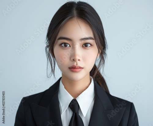 Young Thai Female in Suit and Tie Poses for Picture