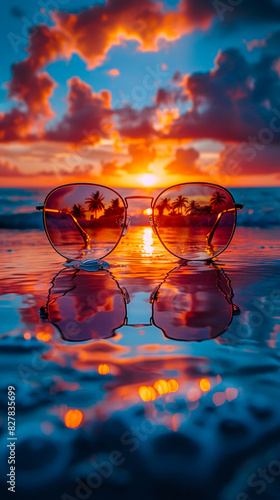 Wallpaper Mural Sunglasses Reflecting a Stunning Beach Sunset with Palm Trees, Relaxation and Summer Vacation Vibes Torontodigital.ca