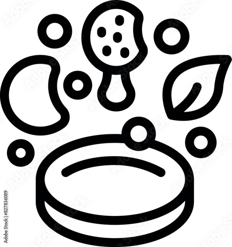 Black and white vector illustration of a petri dish with stylized microbes and leaf for biotech themes