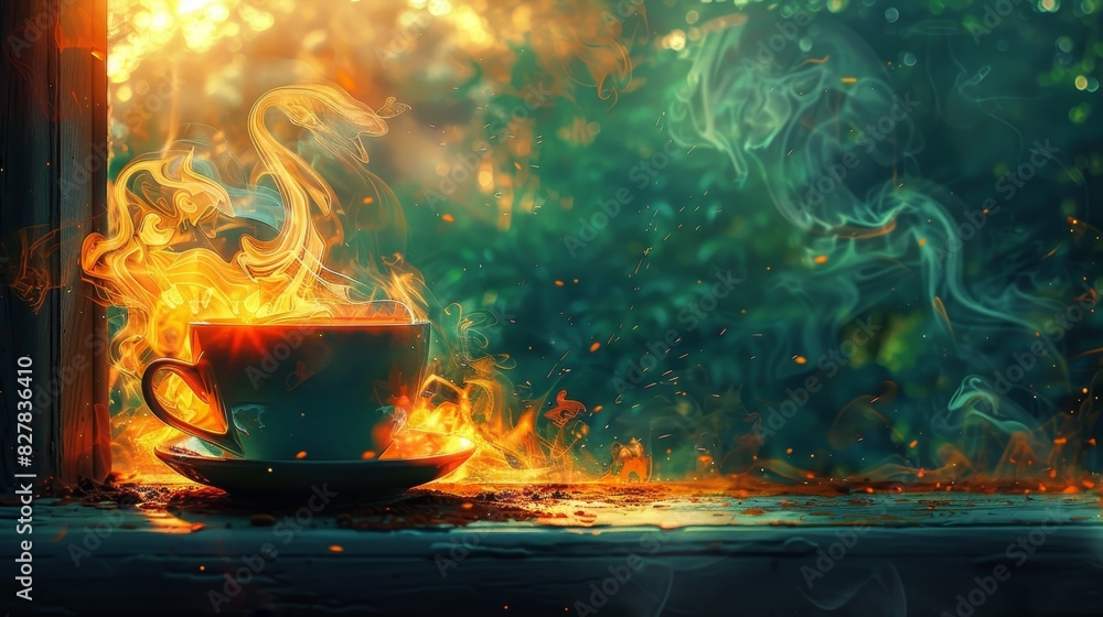 Steaming cup of coffee on a table, perfect for a morning caffeine boost Steaming cup of coffee on a table, perfect for a morning caffeine boost