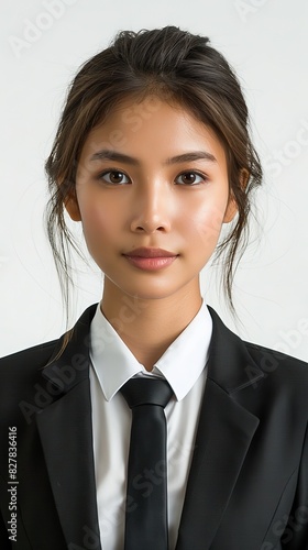 Young Thai Female in Suit and Tie Posing for Picture