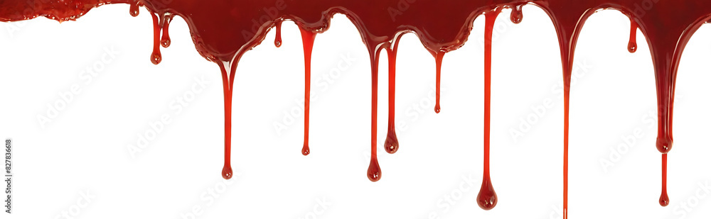 Thick, red blood drips down on a white background, perfect for horror, crime, or medical-themed designs.
