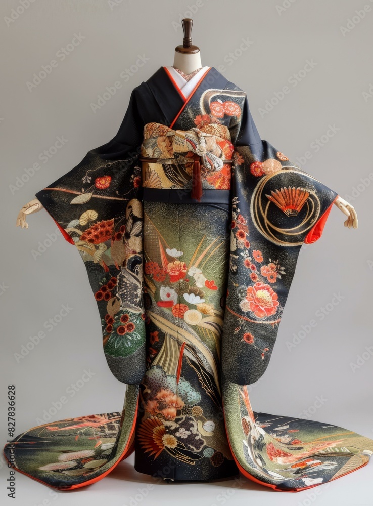 Naklejka premium A woman wearing a kimono with a floral pattern