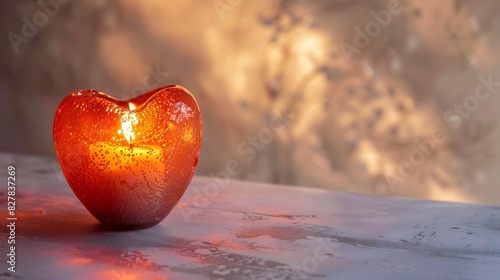 Heart-shaped candle on a white surface. photo