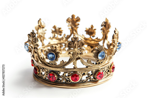 A gold and blue and red crown with jewels