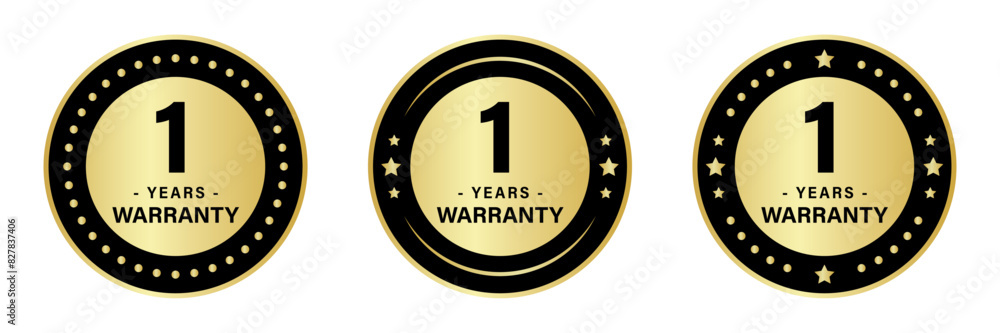 1-year warranty stamp logo in three different styles with stars to ensure product quality, available in gold and black colors. 1-year warranty stamp logo in three different styles with stars to ensure product quality, available in gold and black colors.