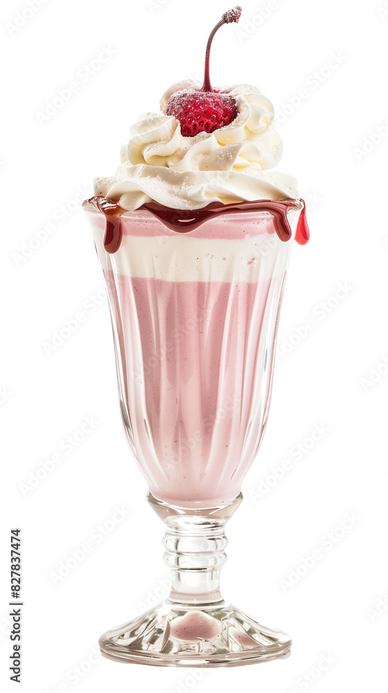 Close-up of a classic strawberry milkshake in a tall glass with whipped cream and a cherry on top Close-up of a classic strawberry milkshake in a tall glass with whipped cream and a cherry on top