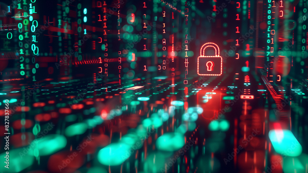 Data security illustration with digital lock and flowing binary code Data security illustration with digital lock and flowing binary code
