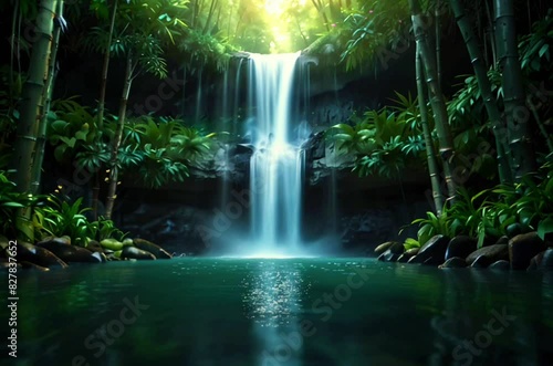the atmosphere of a waterfall in a tropical forest with an evening atmosphere, virtual 4k video animation background that repeats smoothly photo