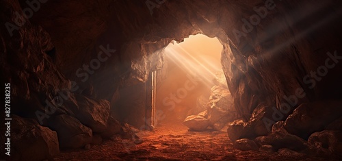 the open door in an easter cave  in the style of religious themes  high detailed  apocalyptic  solarizing master.