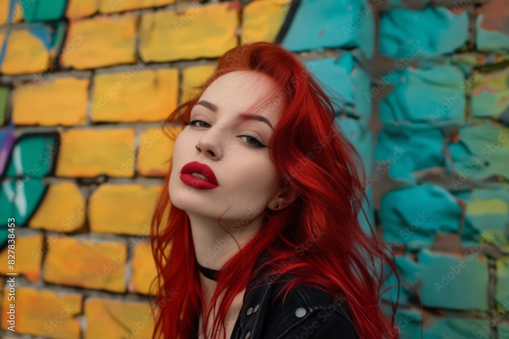 Fototapeta premium A woman with red hair and lipstick standing in front of a brick wall.
