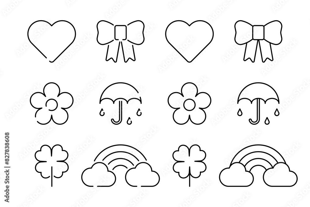 Decoration icon set. Basic flat design. Heart, flower, clover, luck, bow, ribbon, umbrella, rain, rainbow, cloud sign symbol. Decoration icon set. Basic flat design. Heart, flower, clover, luck, bow, ribbon, umbrella, rain, rainbow, cloud sign symbol.