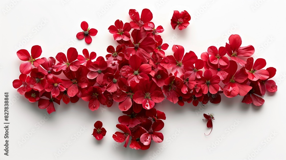 Cluster of vibrant red flowers arranged neatly on a clean white surface Cluster of vibrant red flowers arranged neatly on a clean white surface