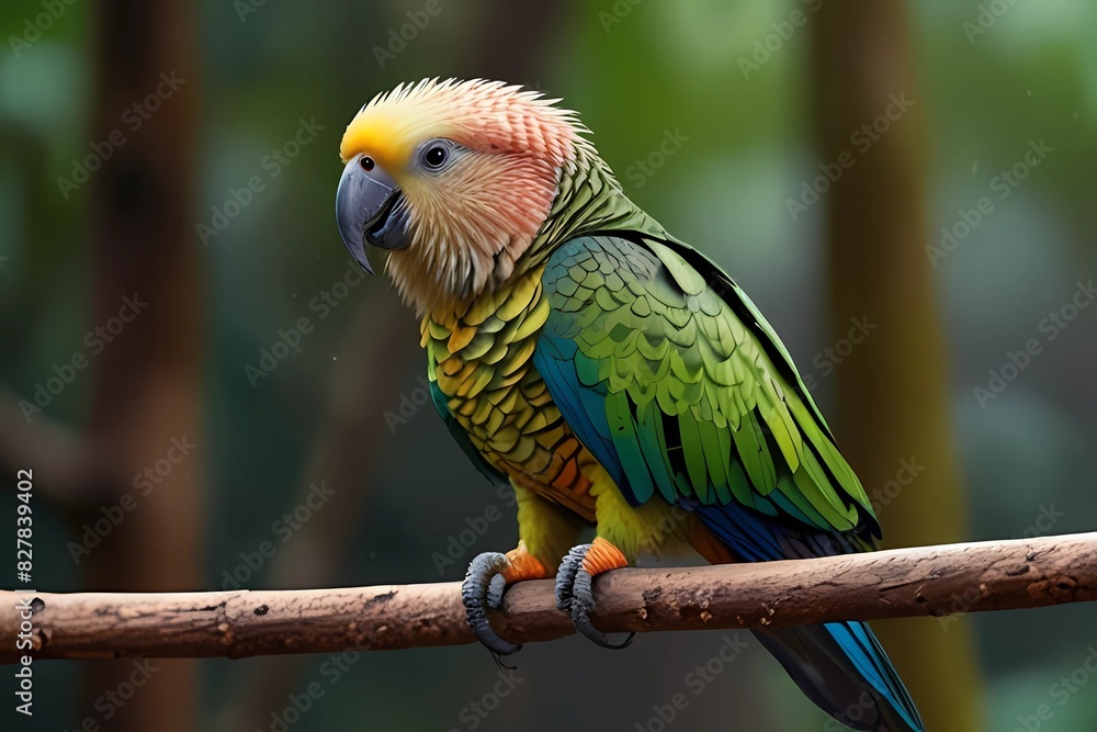 Obraz premium Colorful parrot kakapo on a branch. Multi-colored cheerful cute beautiful talkative parrot kakapo on a branch 