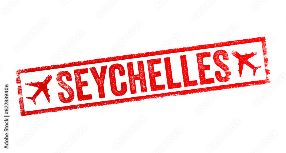 Seychelles is an archipelago of 115 islands in the Indian Ocean, off East Africa, text emblem stamp with airplane Seychelles is an archipelago of 115 islands in the Indian Ocean, off East Africa, text emblem stamp with airplane