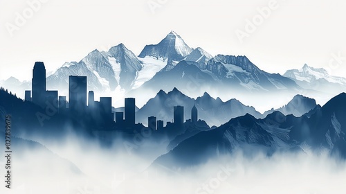 A city skyline with towering mountains in the background