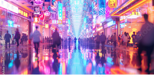 A kaleidoscope of neon lights bathe a bustling city street, people hurrying to and fro, lost in their own worlds photo