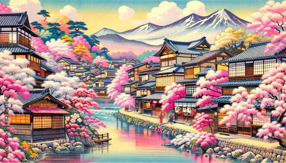 Obraz premium A picturesque springtime scene in Kyoto, Japan, with vibrant cherry blossoms
