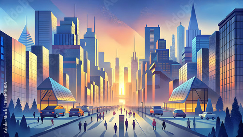 a modern metropolis at dawn, with sleek glass buildings reflecting the sunrise, busy streets filled with people and cars, and a sense of energy and movement photo